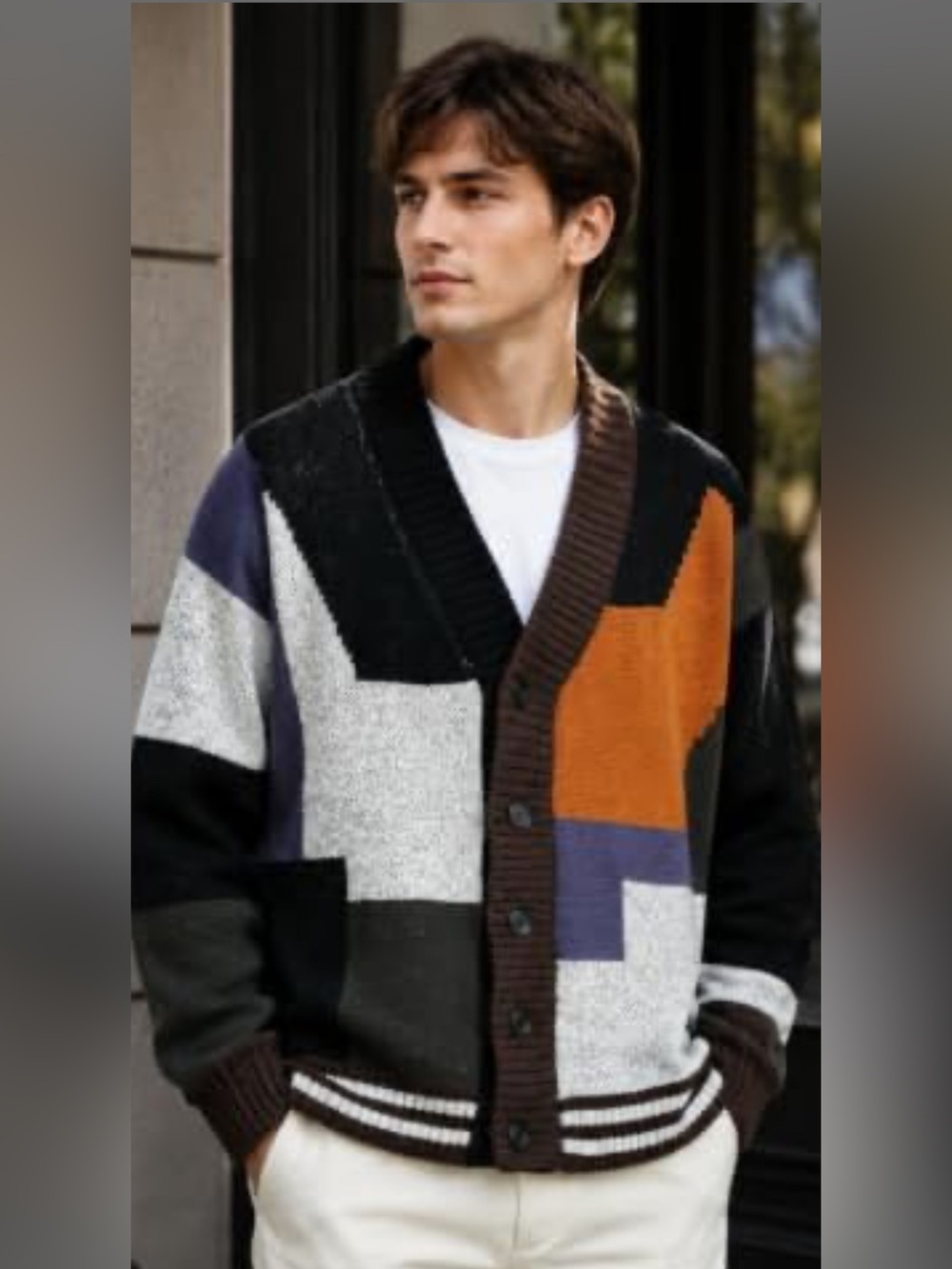 Men's Colorblock Knit Cardigan in Black, Gray, Orange & Blue